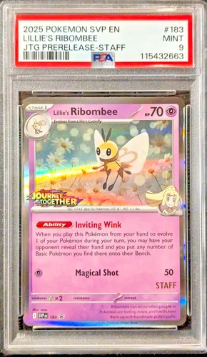 PSA 9 MINT Lillie’s Ribombee 183 JTG Prerelease Staff Promo 2025 Pokemon English