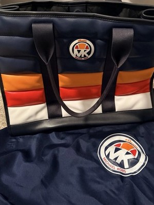 Michael Kors Ellesse Large Navy Logo Striped Tote Snap Lined Inner Pockets Pouch