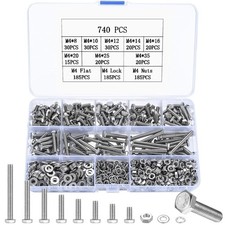 740Pcs M4 Bolts Nuts Washers Set Stainless Steel Hex Screws Flat Lock Assortment