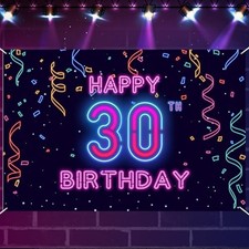 30th Neon Happy Birthday Banner Let's Glow Banner Backdrop Decorations For Gi...