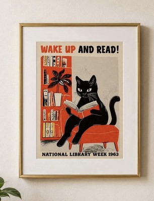 Framed Library Cat  Wake Up And Read  Art Print | 11x14 Frame