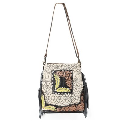 KB OHLAY KB548 Cross Body Hand Tooled Upcycled Canvas Genuine Leather women bag