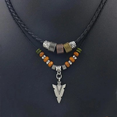 Men's Arrow Pendant Necklace Beaded Artificial Leather Rope Collar Homme Jewelry