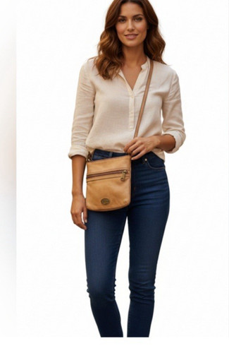 Fossil Leather CrossBody Bag Purse Tan Multipocket Distressed *READ*