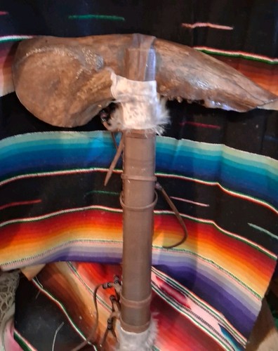 **AWESOME OLDER NATIVE AMERICAN BISON JAWBONE TOMAHAWK FRINGE VERY NICE ! **