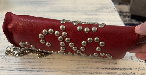 McFaden Red Leather Studded Wristlet With Silver Metal Chain Strap - Picture 5 of 19
