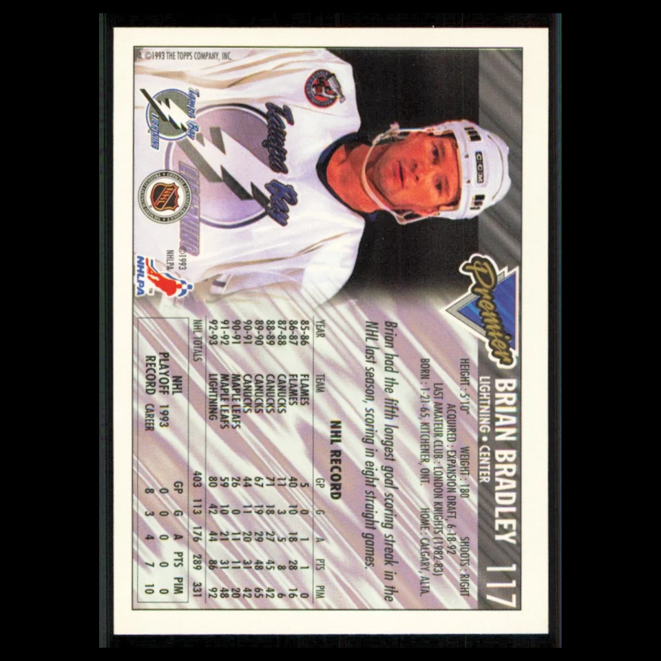 Brian Bradley #117 1993 Topps Premier Tampa Bay Lightning Hockey Card NHL NM - Image 2 of 3