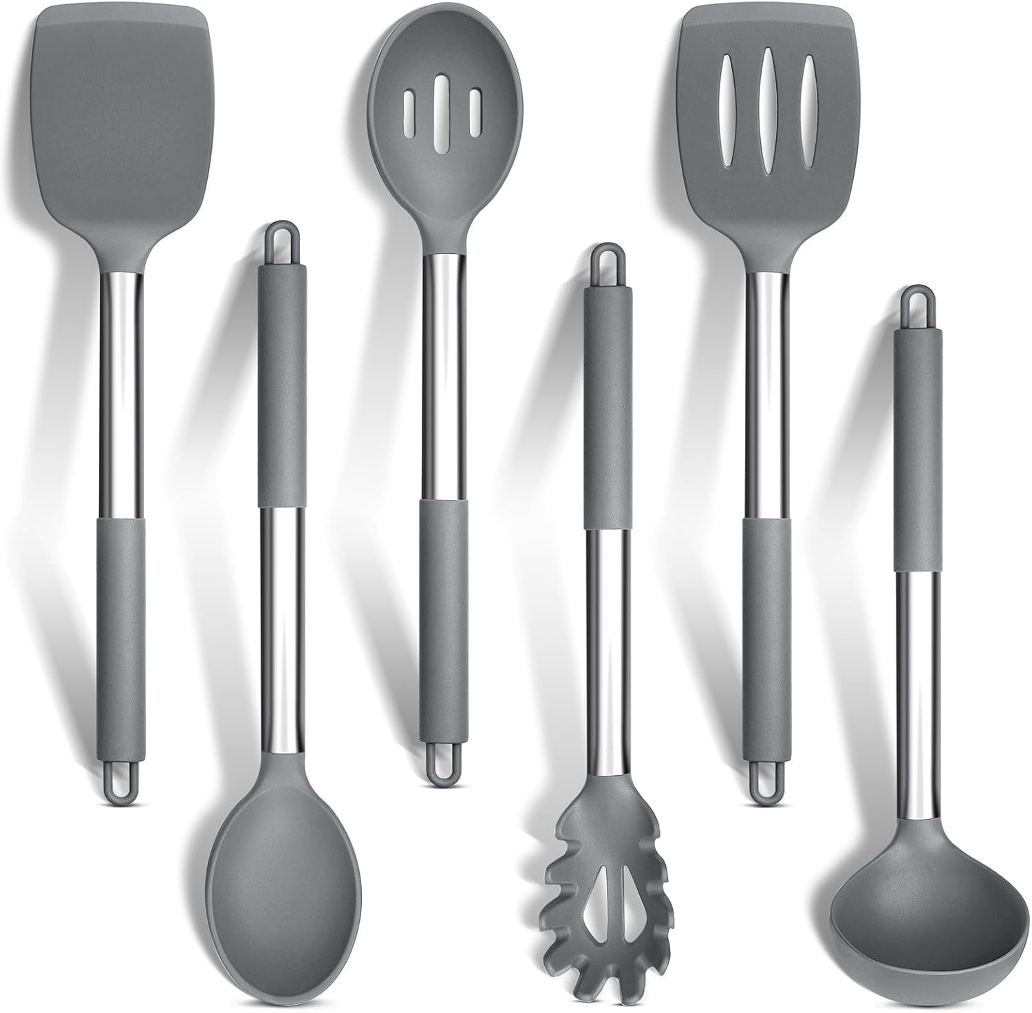 Kitchen Utensils Set of 6, Silicone Cooking Utensils with Stainless Steel Handle