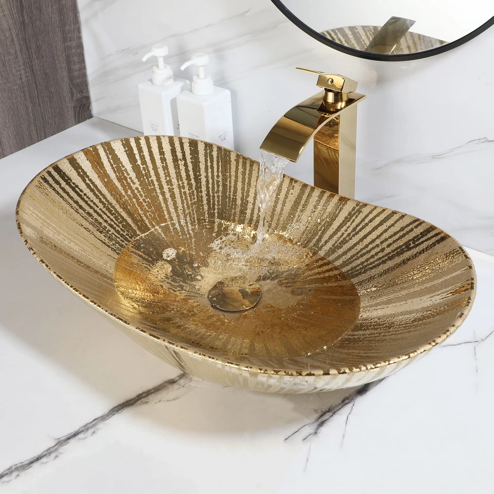 Combo de grifo mezclador lavabo lavabo lavabo de cerámica dorada ovalada Foto 2 de 4