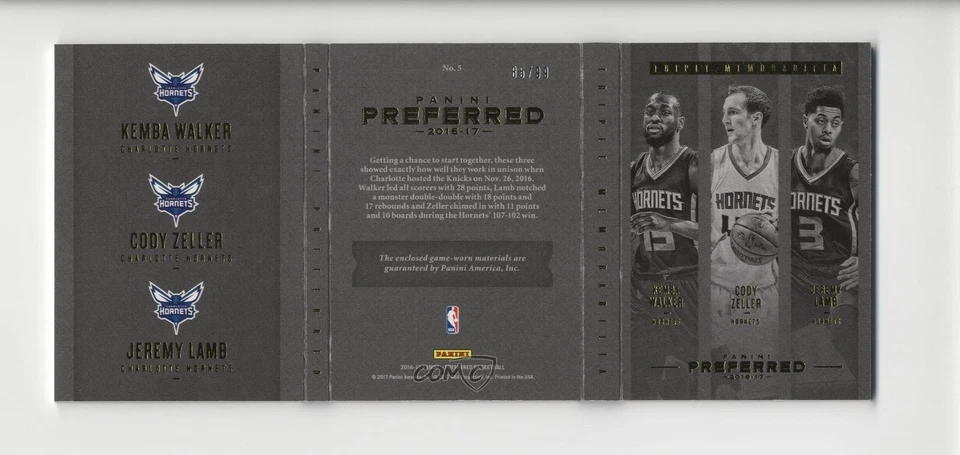 2016-17 Preferred Triple Memorabilia /99 Kemba Walker Cody Zeller Jeremy Lamb #5 - Image 2 of 2