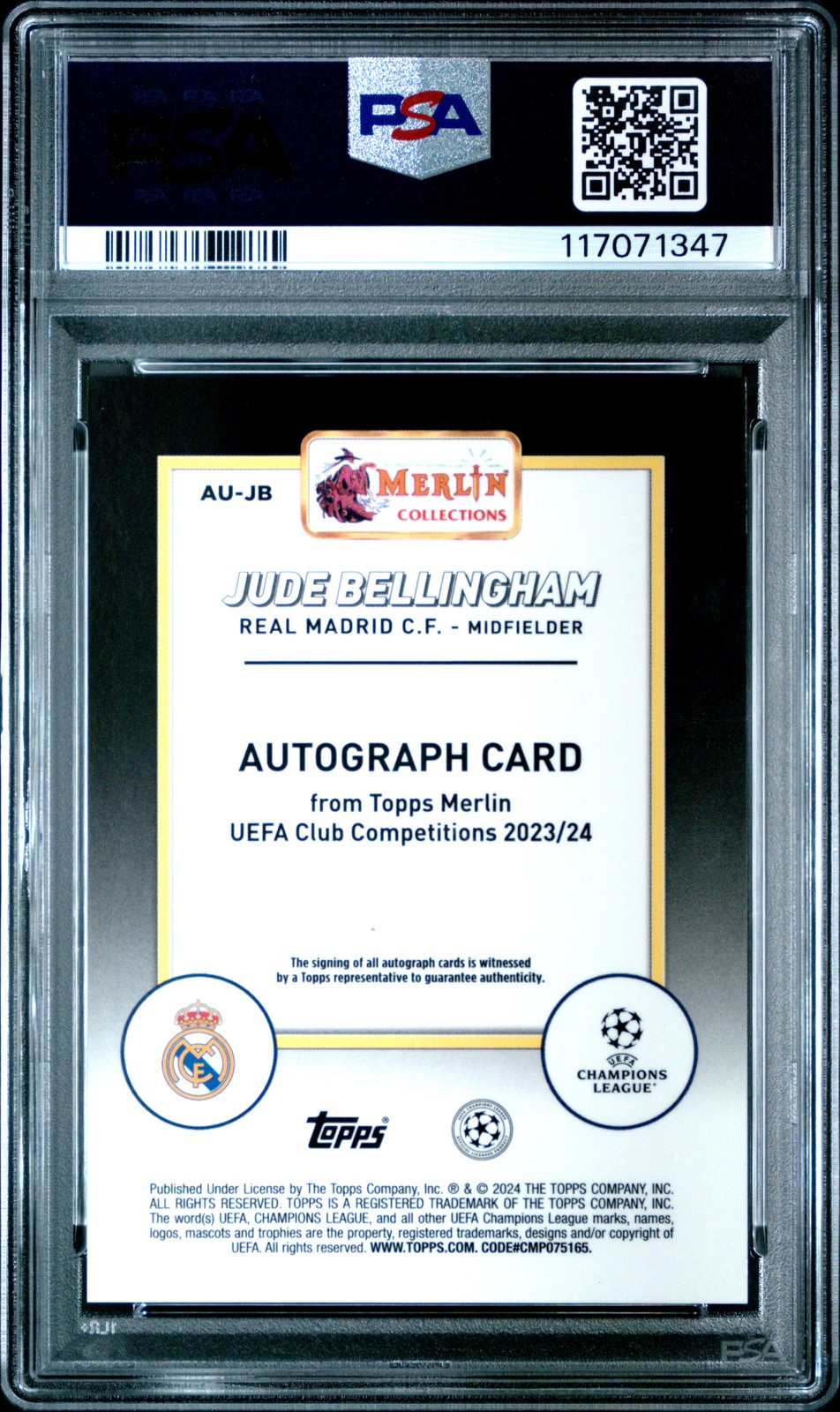 2023-24 TOPPS MERLIN UEFA CLUB COMPETITIONS AUTOS JUDE BELLINGHAM 13/50 PSA 9 view 2
