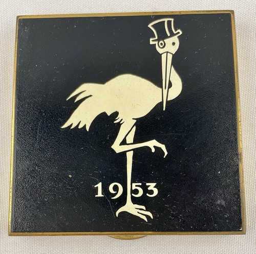 Lg Wadsworth Black Enamel Souvenir Compact for the Renown Stork Club NYC 1953