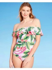 Kona Sol Women's Off Shoulder Flounce High Coverage One Piece Swimsuit M NWT