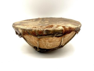 Vintage Handmade Animal Hide & Wood Drum Shaker 1988 Punta Arenas Chile 8” Wide