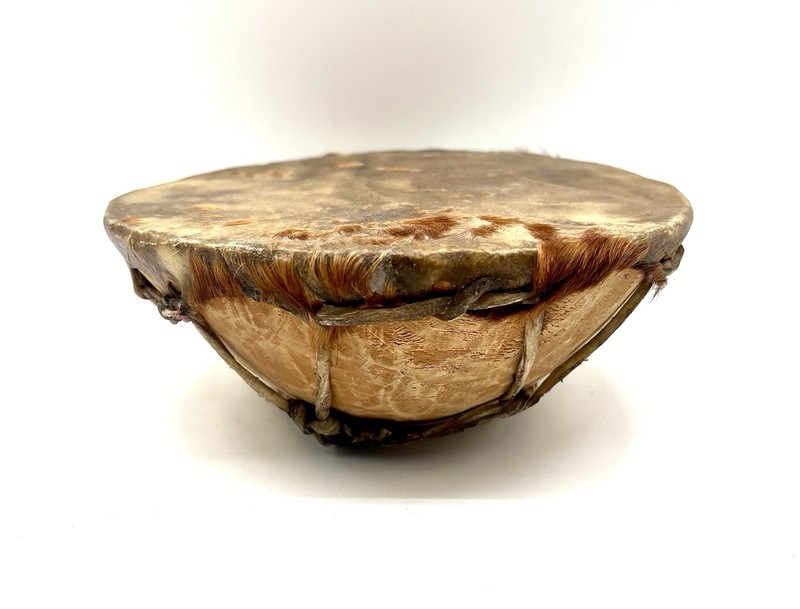 Vintage Handmade Animal Hide & Wood Drum Shaker 1988 Punta Arenas Chile 8” Wide