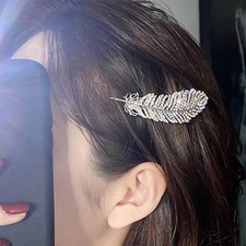 Crystal Feather Hair Clip Barrette Sparkling Rhinestone Feather Hairpin Silver
