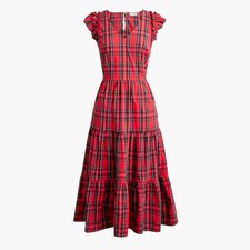 J.Crew Plaid Maxi Dress Womens 0P Red Tartan Ruffle Tiered BV795 Preppy Holiday