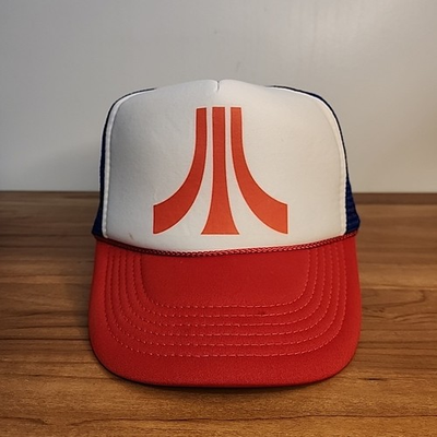 #ad Vintage Atari Logo Foam Snap Back Trucker Hat Red White and Blue Mesh Cap $24.99