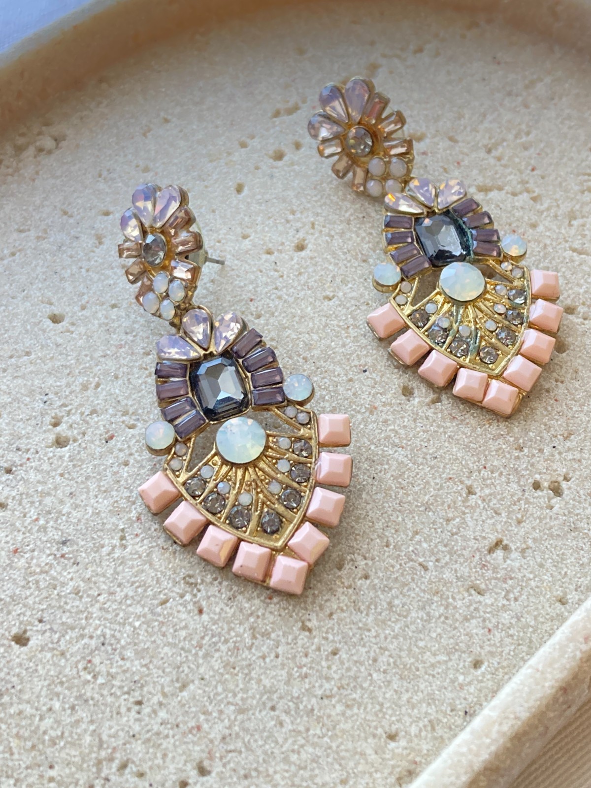 Statement Dangle Earrings Opalescent Cabochons Rh… - image 5