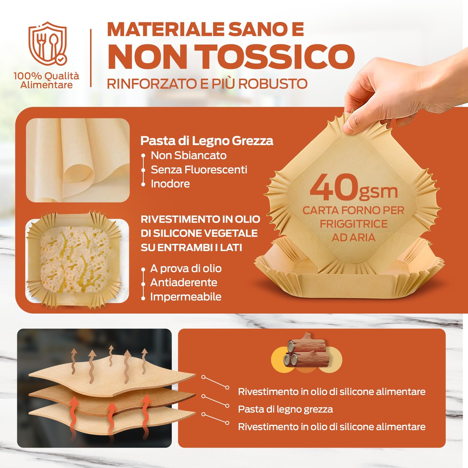 PORTENTUM Carta forno per friggitrice ad aria 100 unità quadrate 20–24 cm adatte foto 5