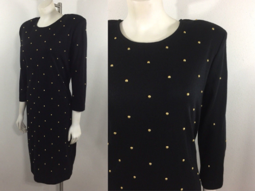 Vintage 80s Dress Black Knit Sheath Gold Studs Holiday Party Long Sleeve LBD - Picture 1 of 7