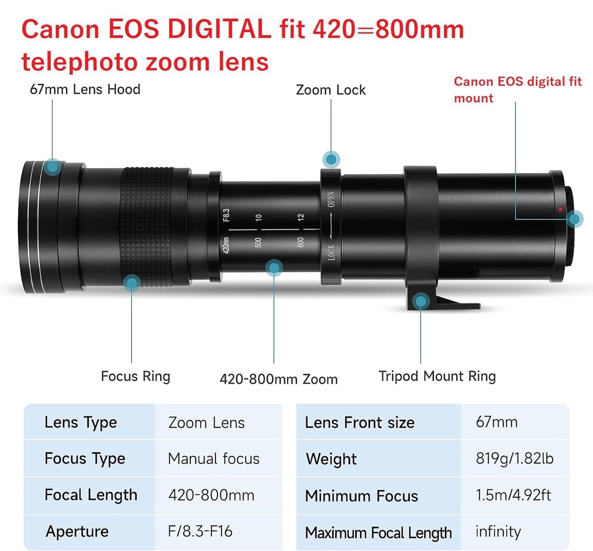 Canon Rebel T7 Lenses Andoer 420-800mm Manual Telephoto Zoom Lens