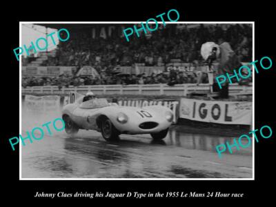OLD POSTCARD SIZE PHOTO OF JOHNNY CLAES DRIVING HIS JAGUAR D TYPE RACE CAR 1955