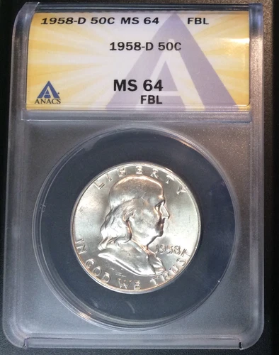 1958 D Franklin Half Dollar, MS 64 FBL UNCIRCULATED (ANACS GRADED)