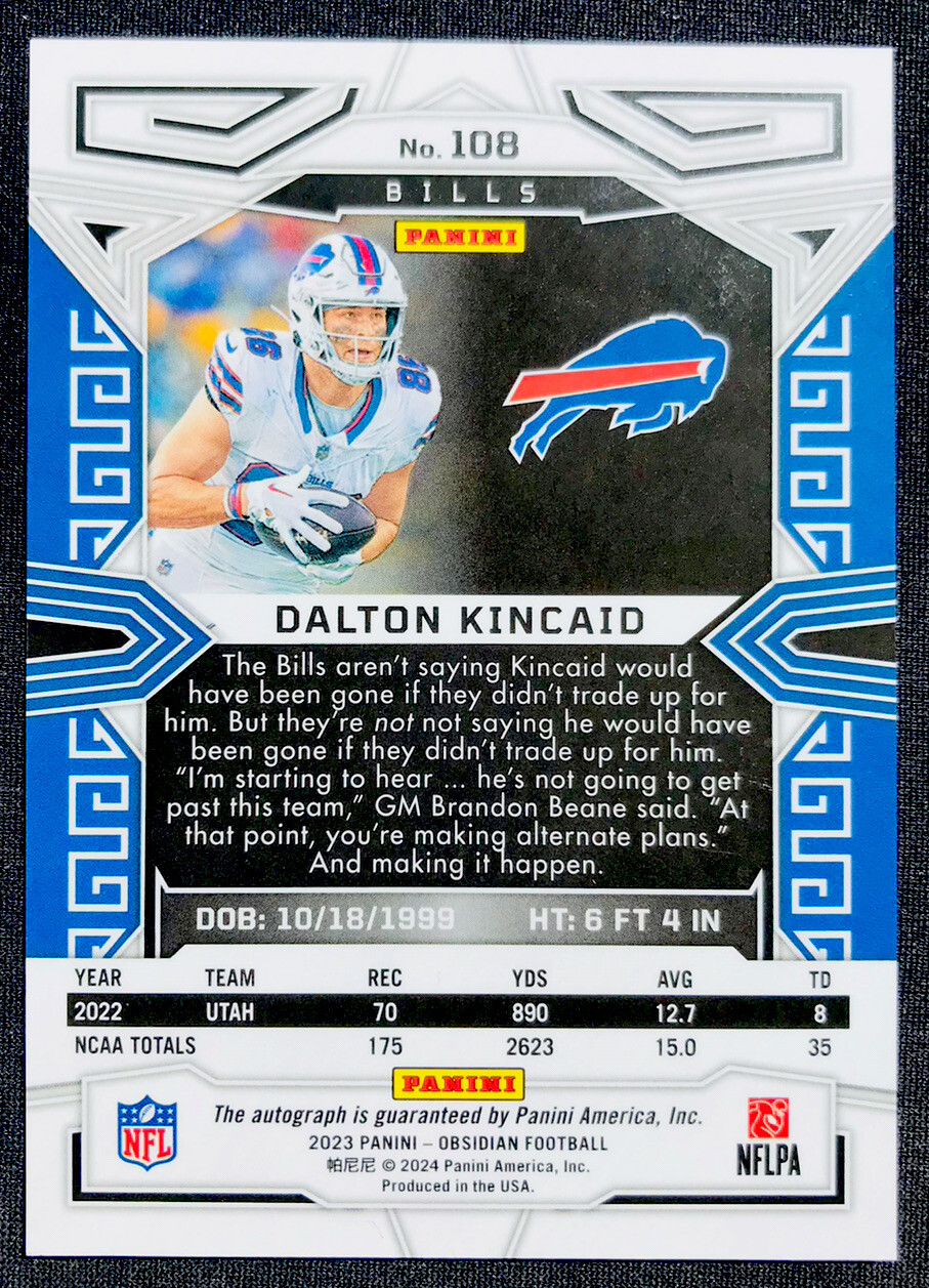 2023 Obsidian Football Dalton Kincaid Electric Etch Autograph RC
