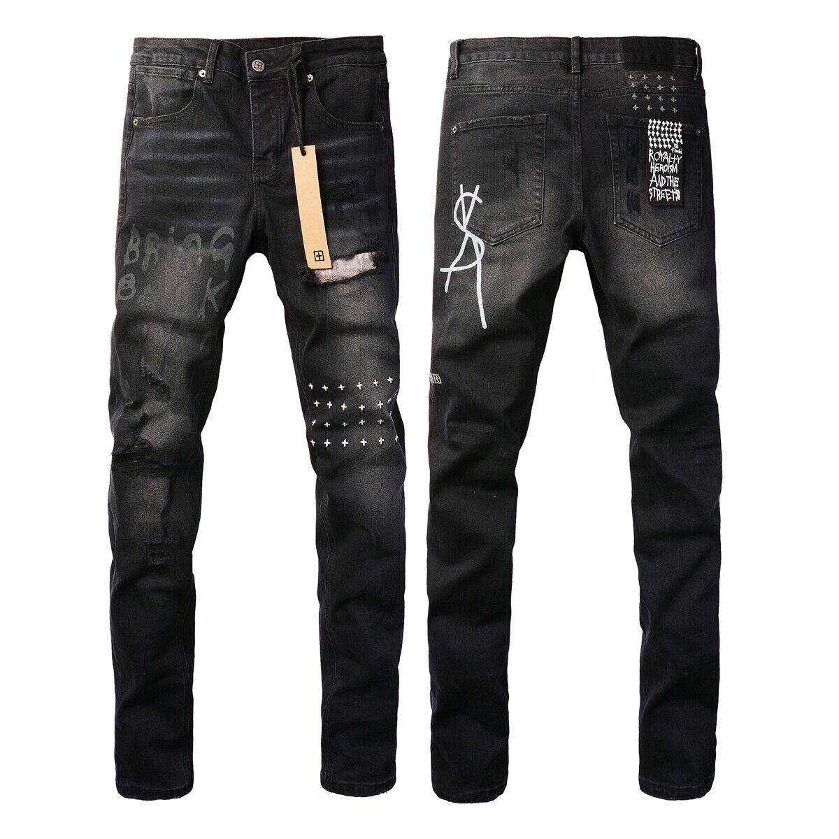 NEW KSUBI Men's Black Letter Printing Ripped Pants High NEW KSUBI Men's Black Letter Printing Ripped Pants High