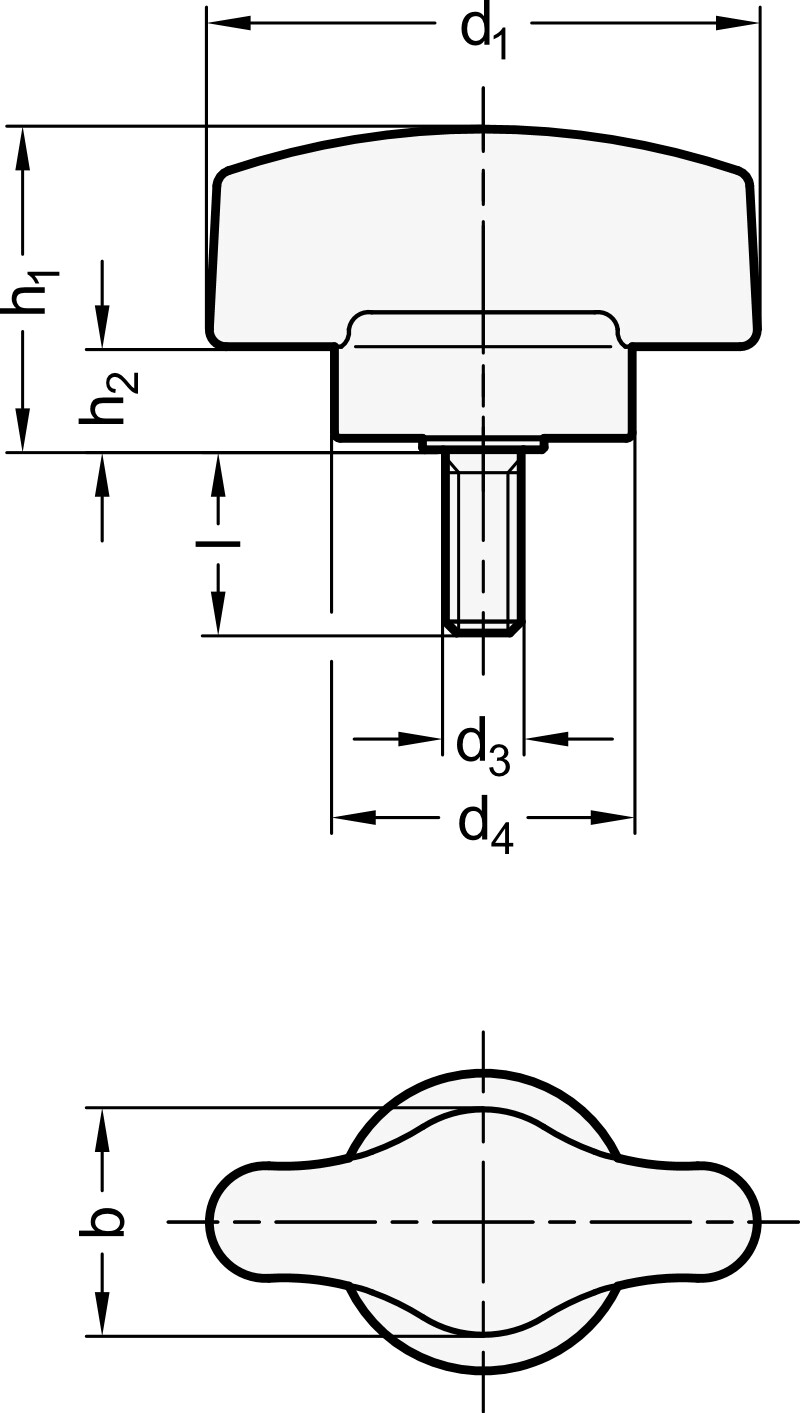 Flügelschraube Mit Druckzapfen M6x30 - Schwarzgrau, 48mm Durchmesser