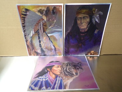Native American Metal Etching Foil Art Prints. Printed in England. 8x6'' Lot of 3