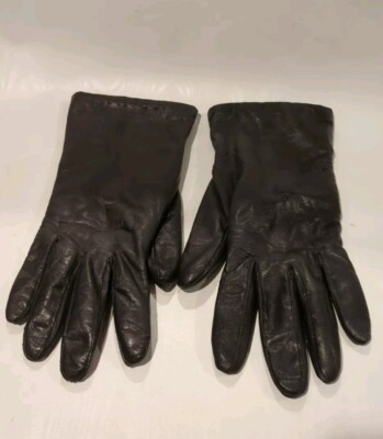 Vintage 1990s Womens Black Leather 100% Cashmere Driving Gloves