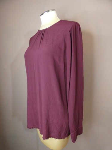 Raquel Allegra Women's 0 Burgundy Long Sleeve Blouse High Gathered Neck Fray Hem - Picture 2 of 10