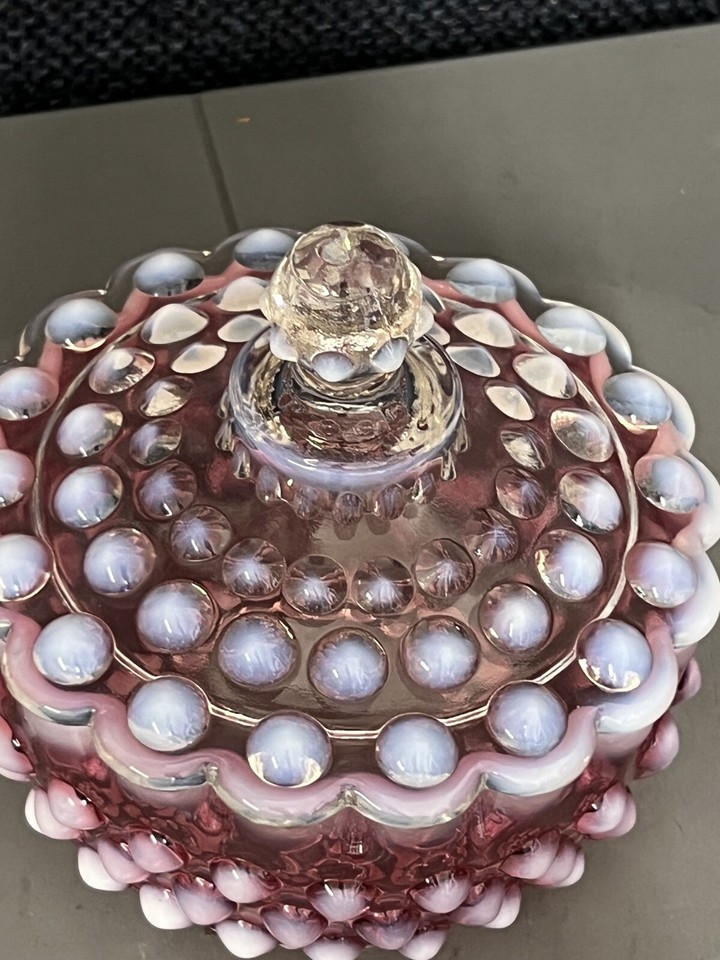 Vintage Fenton Art Glass Cranberry Opalescent Pink Hobnail Lidded Candy