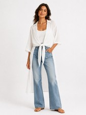 Hush White Cotton Tie Front Longline Top/Beach Cover Up Kaftan S/M