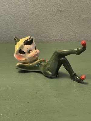 50s Ceramic Laying Tumbling Pixie Elf Figurine Japan Flower Hat Kitschy