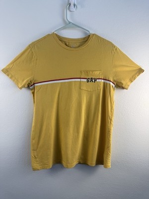 VTG GAP T-Shirt Mens Small Yellow Stripe Logo Pocket 100% Cotton Short Sleeve