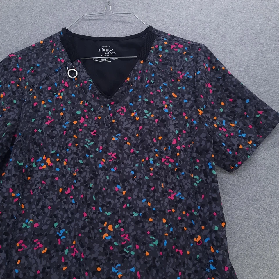 Cherokee Infinity Scrub Top Womens Small Black Multicolor V-Neck Stretch CK634 - Image 4 of 4