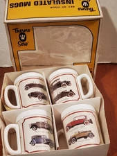 Vintage West Bend Insulated 4 Mugs Cups Thermo-Serv with Antique Cars, in Box