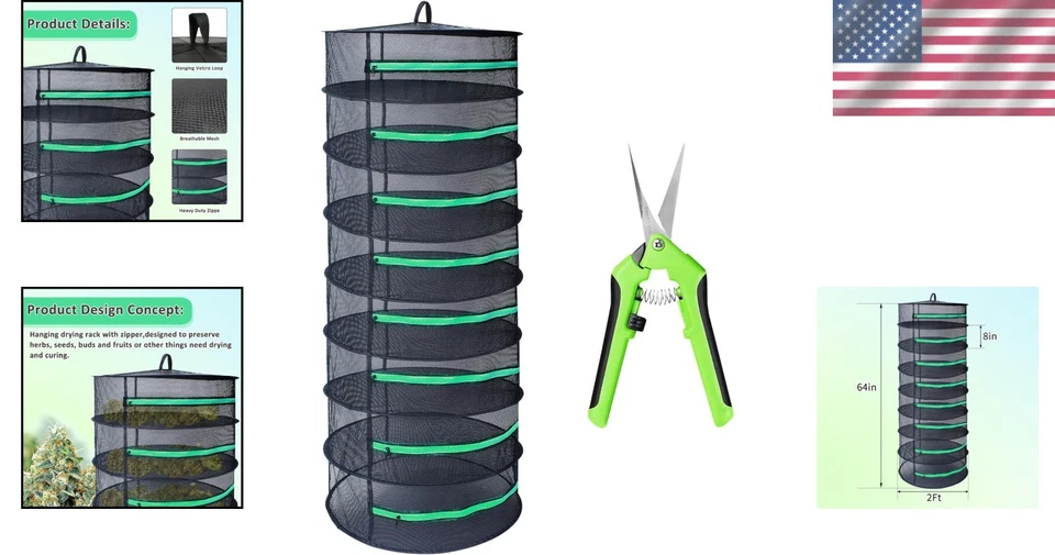 Versátil estante de secado de hierbas de 2 pies de diámetro - 8 capas, red de malla + tijeras de podar Foto 2 de 4
