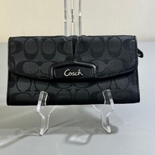 Coach Black Signature Jacquard Tri-Fold Wallet Leather Trim Silver Logo