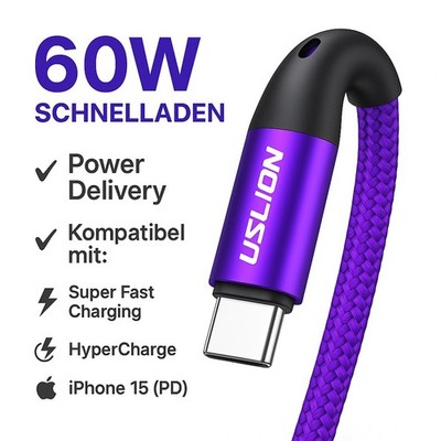 Schnellladekabel USB-C 60W 3A 1 3m für Samsung Xiaomi Huawei IPhone