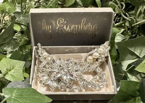 Eisenberg Vintage Rhinestone Silver Tone Brooch Large W/ Clip Earrings