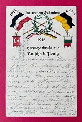 Patriotika AK TAUSCHA bei Penig 1. WK 1916 In Gedenken mit Fahnen   ( 169295