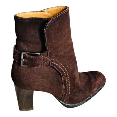 Tods Womens Brown Suede Buckle Ankle Boots Stacked Block Heel Made in Italy 5
