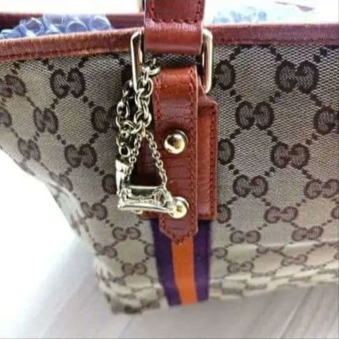 GUCCI Vintage GG Canvas Shoulder Bag Brown Leather 22cm x 38cm Excellent thumbnail 3