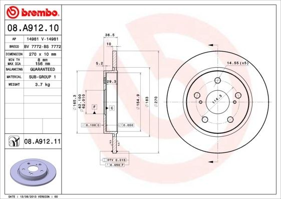 Pack Von 2 - Bremsscheibe 08.A912.10 Brembo FüR Toyota-image
