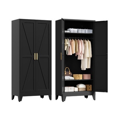 2 Doors Bedroom Metal Closet Wardrobe w/ Adjustable Shelves for Hanging Clothes