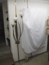 MIDCENTURY SCULPTURAL METAL AND WALNUT TENSION  POLE LAMP